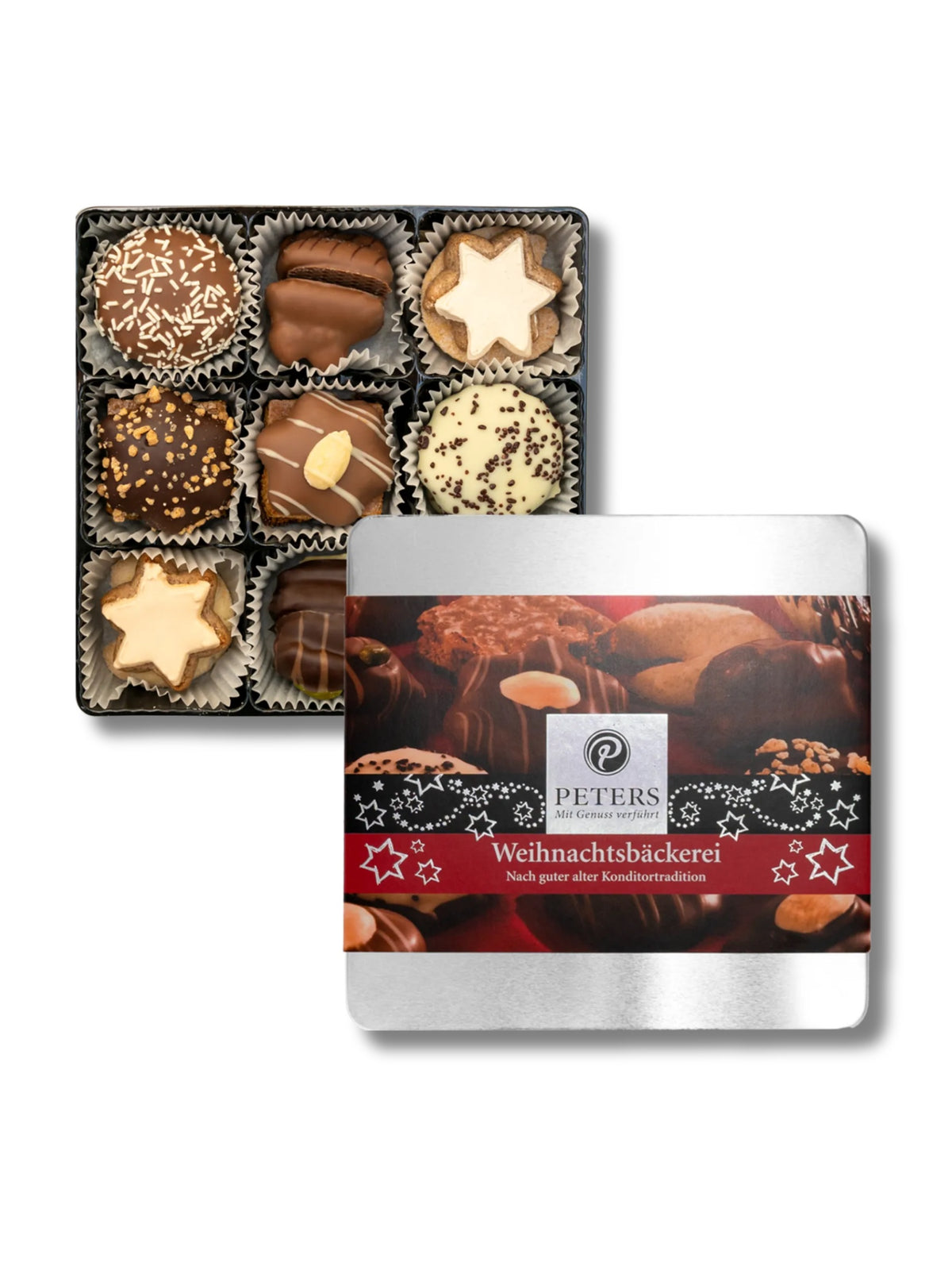 Weihnachtsbäckerei Gebäckmischung 220 g von Peters Pralinen – festliche Vielfalt mit Zimtsternen, Vanillekipferln, Printen und Honigkuchen, erhältlich in der Dreyer Confiserie in der Rattenfängerstadt Hameln.