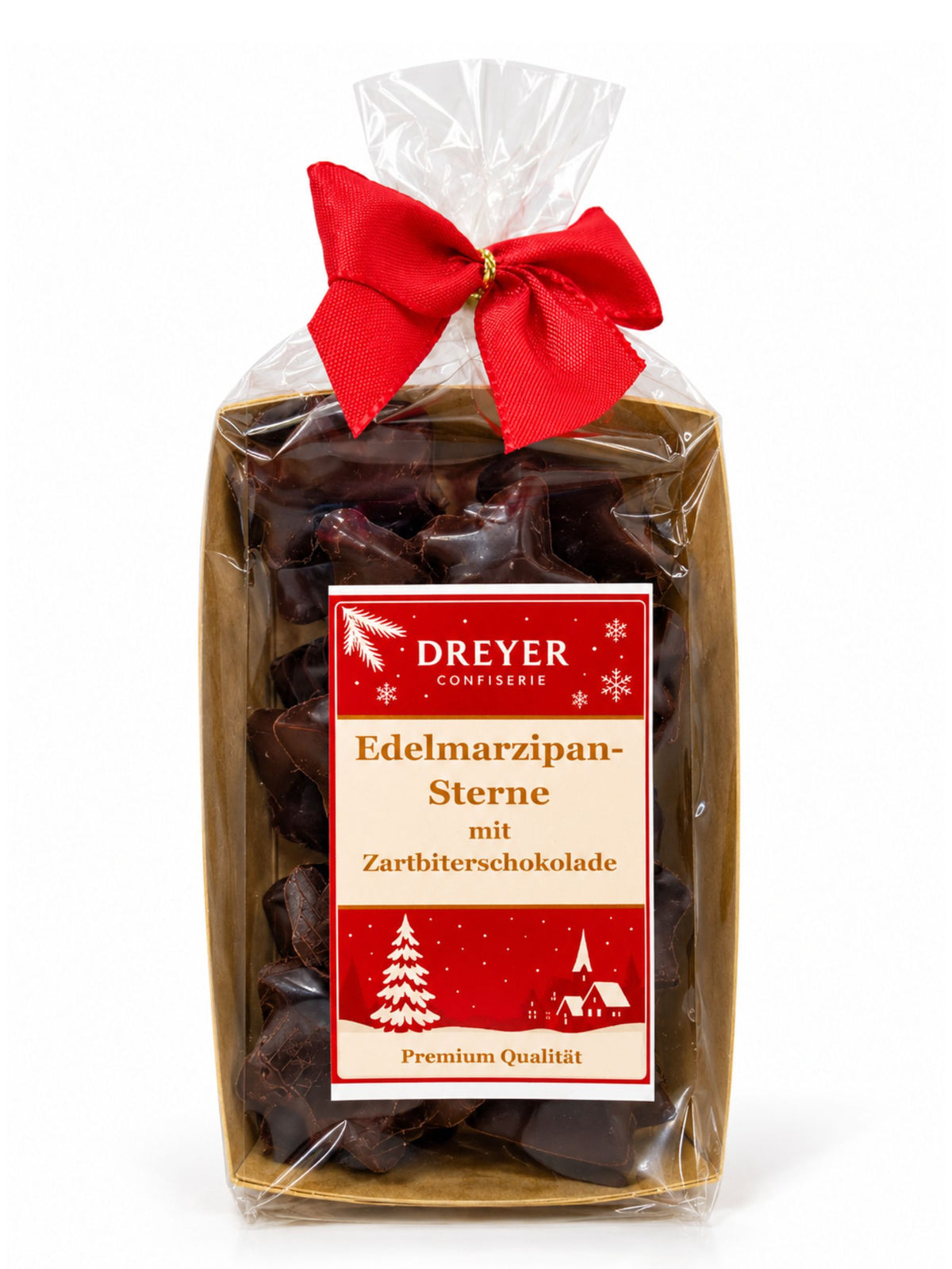 Edelmarzipan-Sterne mit Zartbitterschokolade 100g von Dreyer Confiserie in weihnachtlicher Verpackung