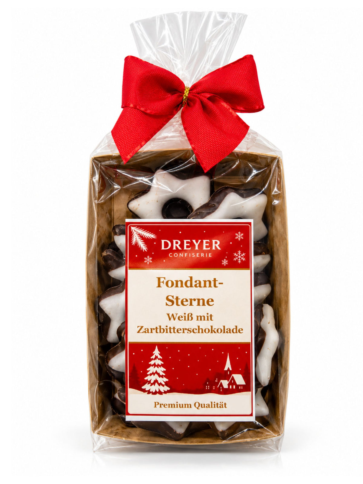 Weiße Fondant-Sterne mit Zartbitterschokolade 150g von Dreyer Confiserie in weihnachtlicher Verpackung
