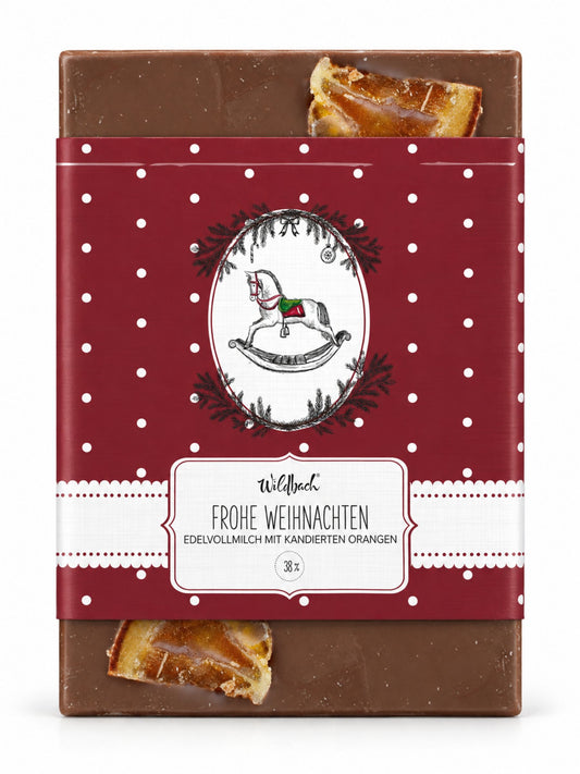 Frohe Weihnachten Edelvollmilch Orange  Tafel 70g von Wildbach mit kandierter Orange