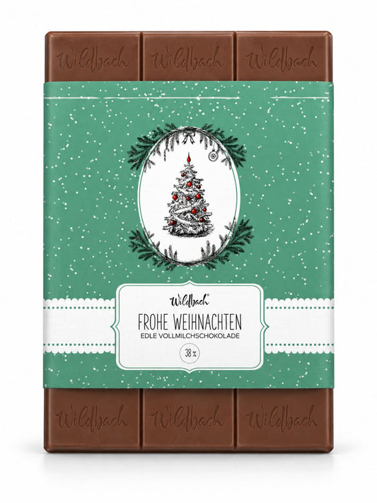 Frohe Weihnachten Edelvollmilch Tafel 70g von Wildbach im Vintage-Weihnachtsdesign