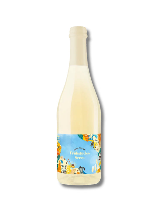 Frühstücks-Secco 0,75 l – trockener Secco mit Litschi-, Pfirsich- und Holunderblütennote von Wein & Secco Köth, erhältlich in der Dreyer Confiserie in Hameln.