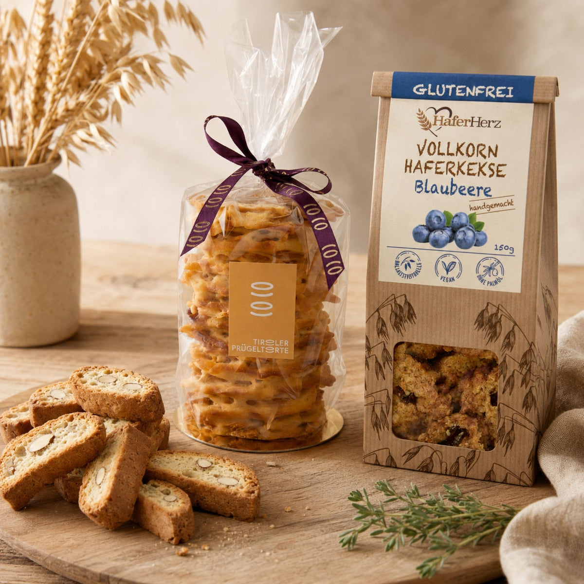 Vegane Haferkekse, Cantuccini und Tiroler Prügeltorte auf Holz Tisch
