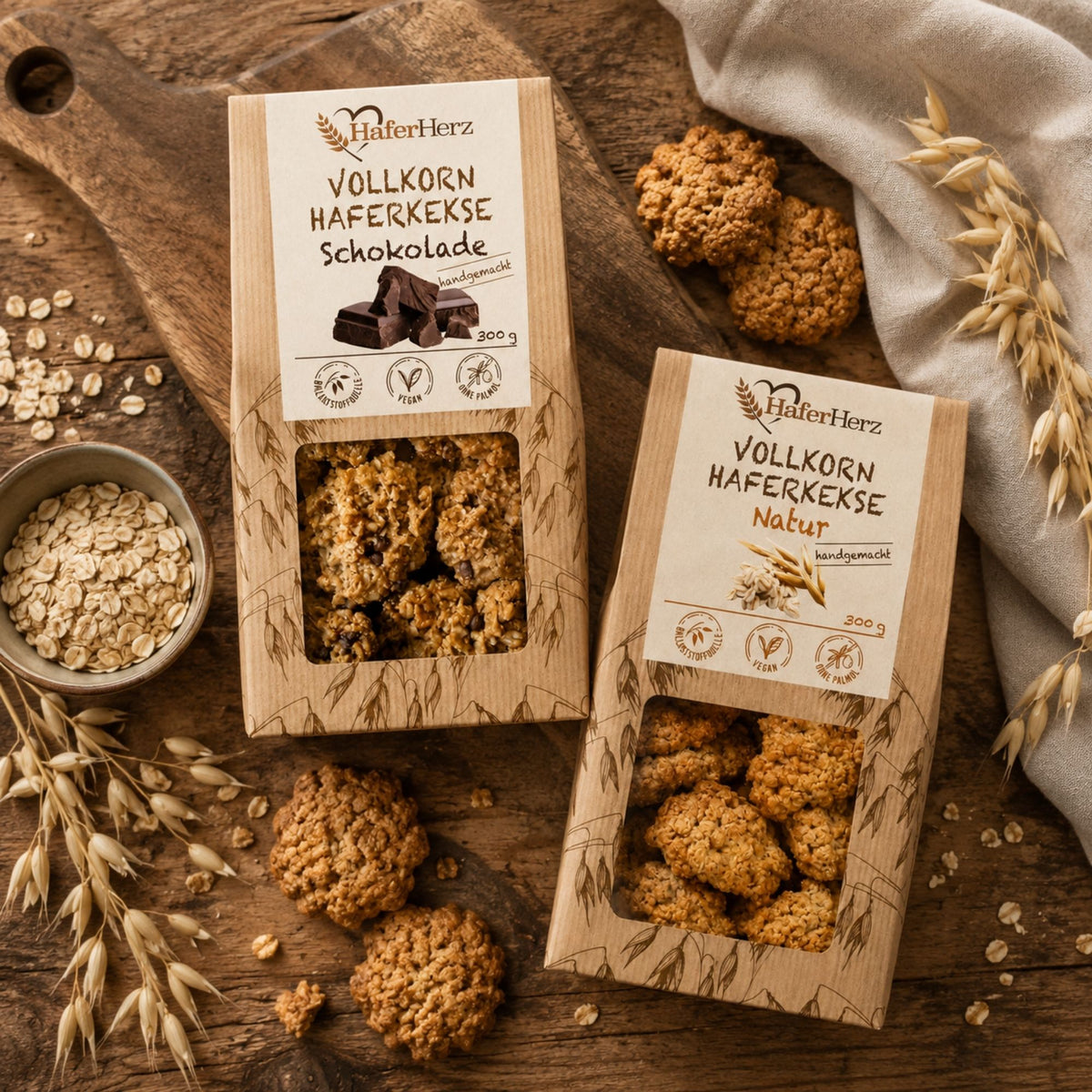 HaferHerz Vollkorn-Haferkekse mit Haferflocken, handgemacht und vegan