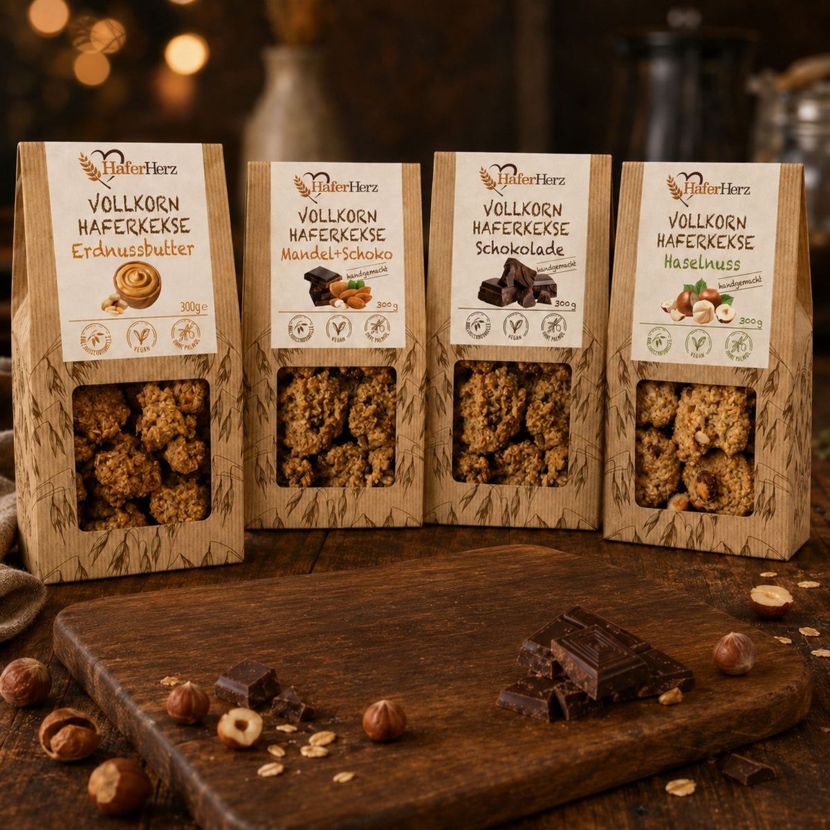 Haferkekse mit Schokolade und Nüssen auf dunklem Holz
