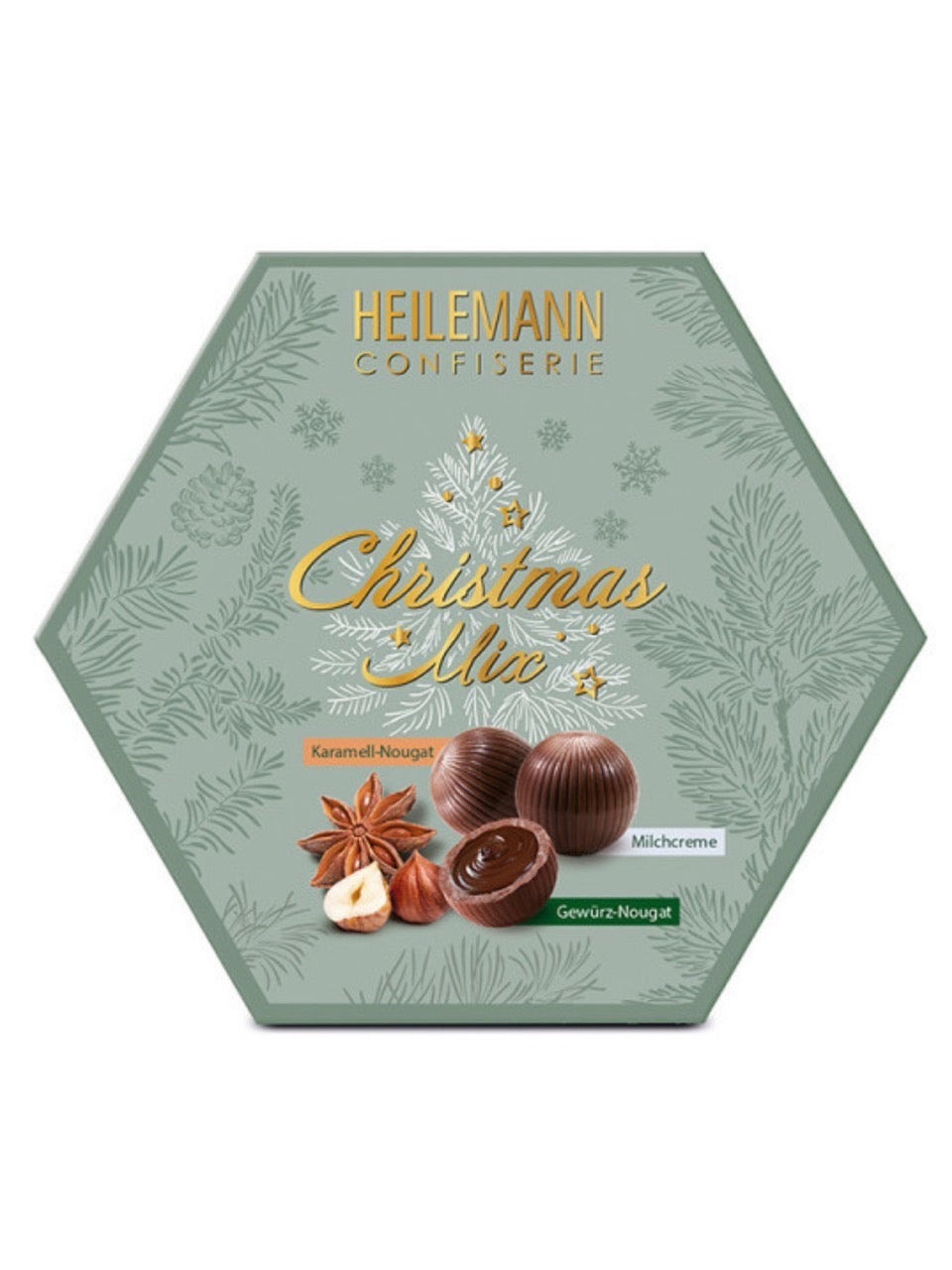 Heilemann Christmas Mix mit Pralinen-Kugeln 180 g – festliche Geschenkpackung mit 12 gefüllten Kugeln aus Edelvollmilch-Schokolade in den Sorten Gewürz-Nougat, Karamell-Nougat und Milchcreme, erhältlich in der Dreyer Confiserie in der Rattenfängerstadt Hameln.