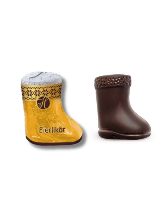 Eierlikör-Stiefelchen Edelbitter 19 g – feine Schokoladenstiefel aus Edelbitter-Schokolade mit flüssiger Eierlikör-Füllung, erhältlich in der Dreyer Confiserie in der Rattenfängerstadt Hameln.
