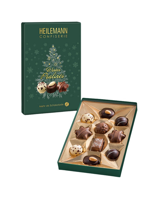 Heilemann Winter-Pralinés 125 g – feine Pralinenmischung aus Vollmilch-, Zartbitter- und Weißer Schokolade mit edlen Füllungen und feinen Spirituosen, erhältlich in der Dreyer Confiserie in der Rattenfängerstadt Hameln.