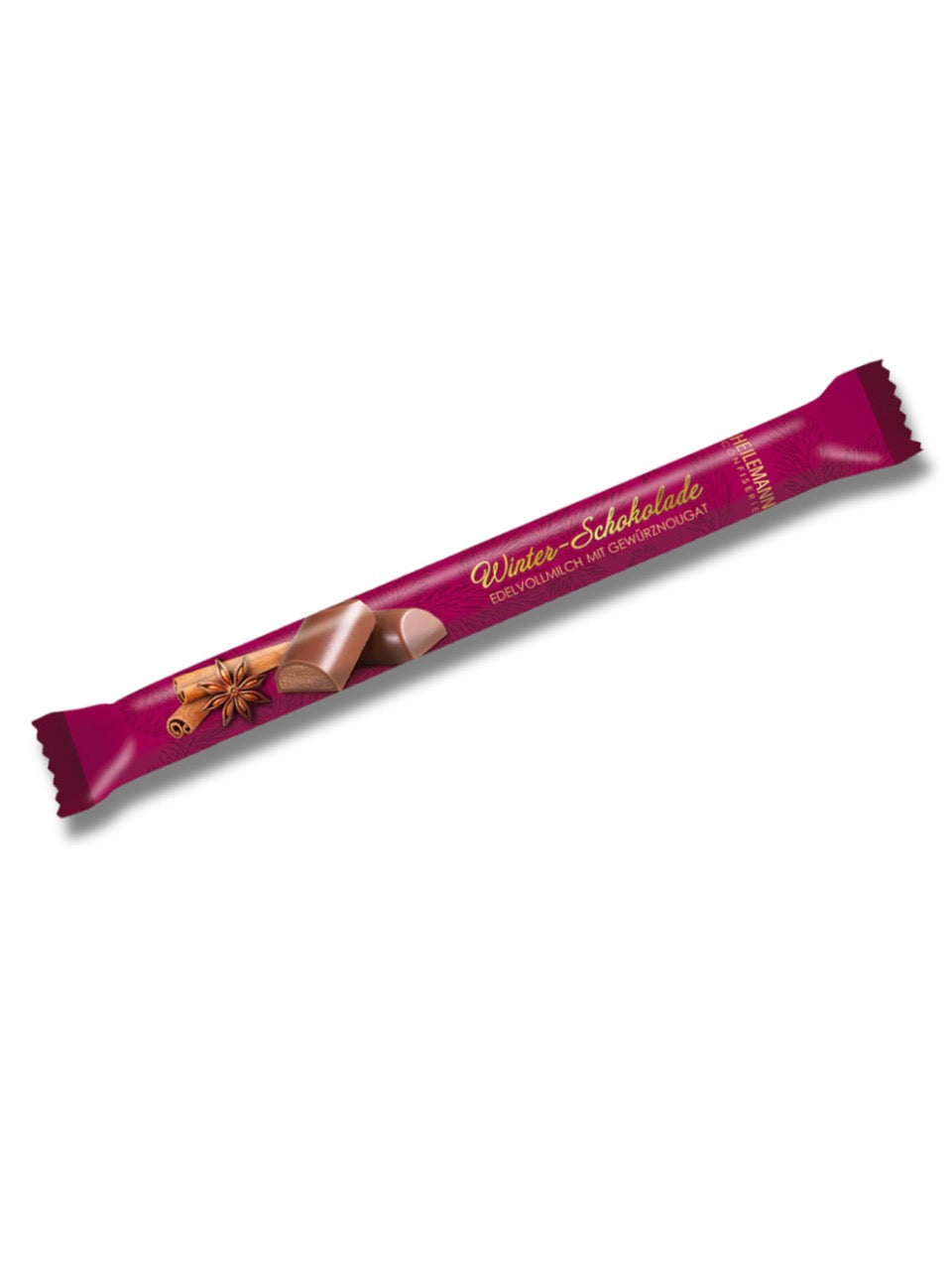 Heilemann Winterschokoladen-Stick 40 g – Edelvollmilch-Schokolade mit zartem Gewürz-Nougat und winterlichen Aromen von Zimt, Anis und Nelken, erhältlich in der Dreyer Confiserie in der Rattenfängerstadt Hameln.