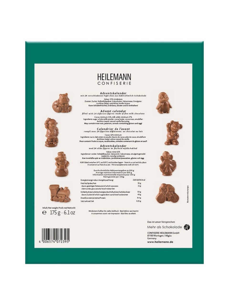 Rückseite und Inhalt von Kinder-Adventskalender Edelvollmilch 175 g.