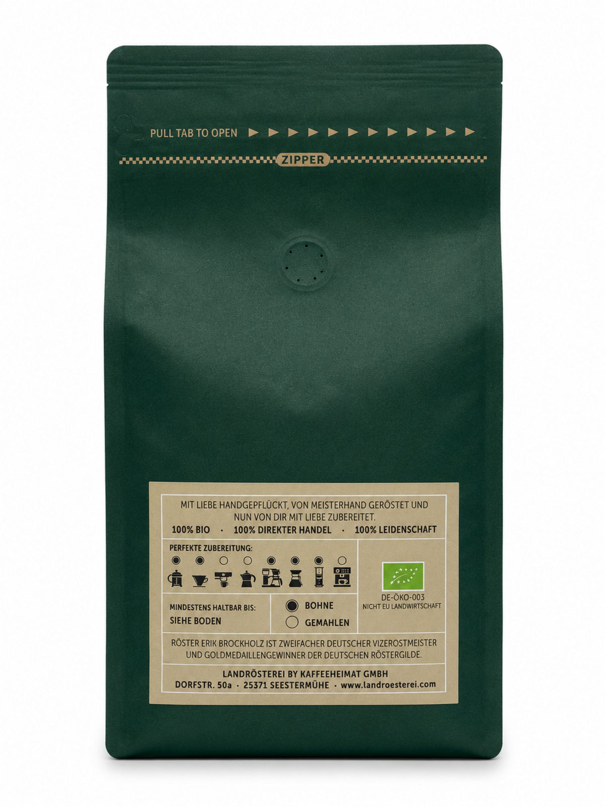 Rückseite von Kaffeeklatsch Kaffee Bohne 500g von Die Landrösterei Seestermühe