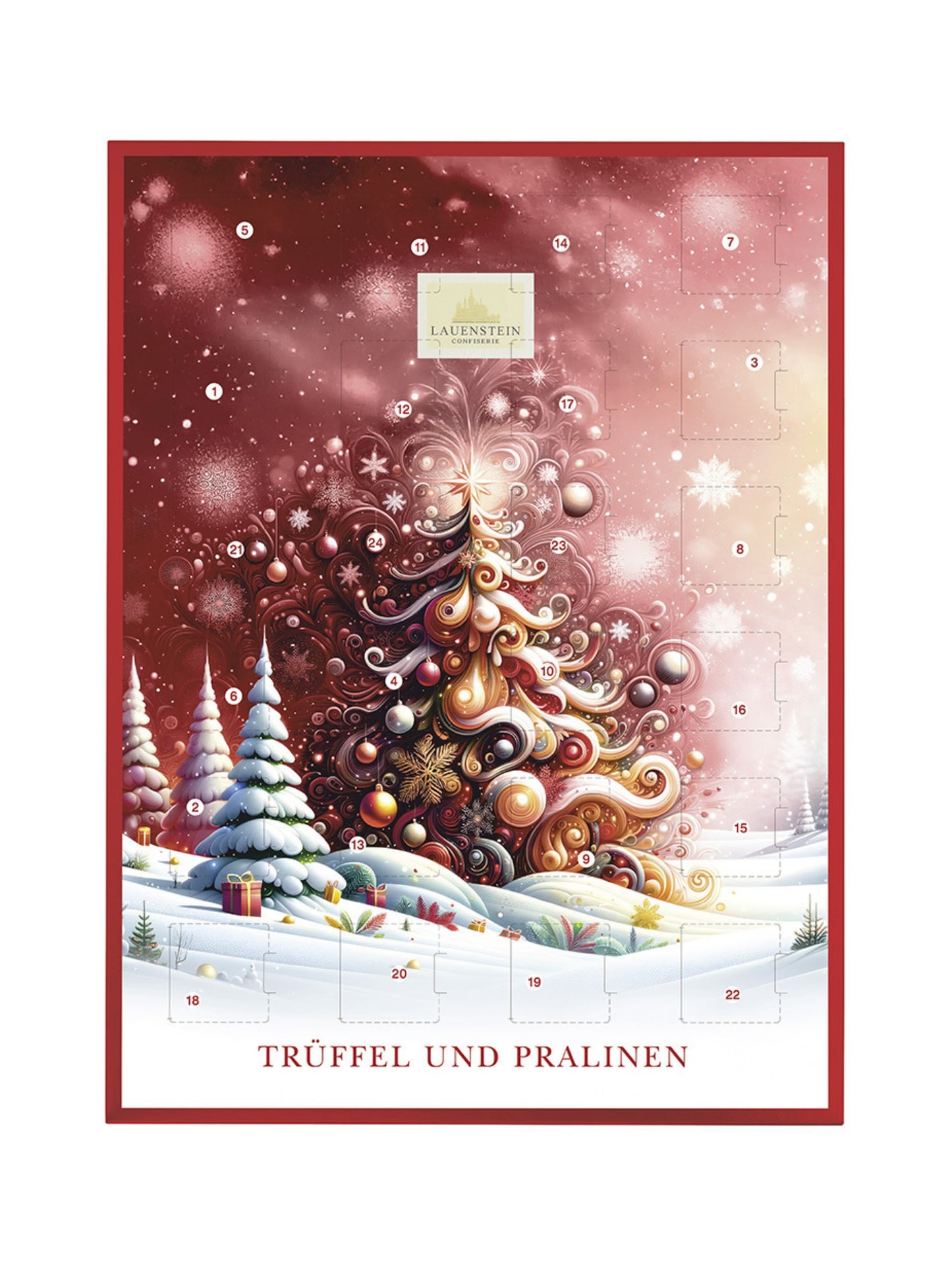 Lauensteiner Adventskalender „Weihnachtsbaum“ 300 g – edler Schokoladen-Adventskalender mit 24 handgefertigten Pralinen und Trüffeln, erhältlich in der Dreyer Confiserie in der Rattenfängerstadt Hameln.