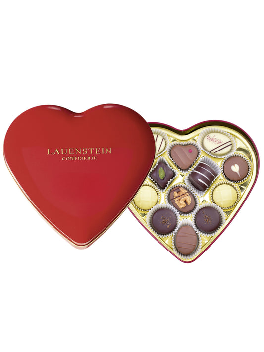 Lauensteiner Herzdose 165g mit 9-fach sortierten Trüffeln und Pralinen, edle Pralinenmischung mit Alkohol in dekorativer Herzdose, erhältlich bei der Dreyer Confiserie.