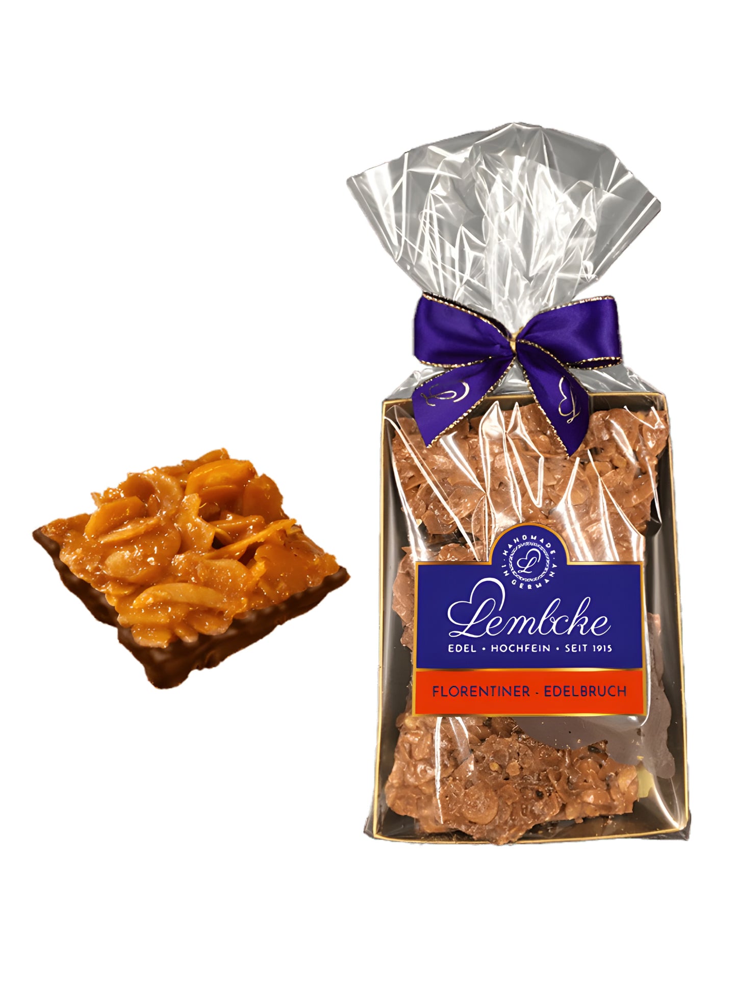 Lembcke Florentiner-Edelbruch 150g mit karamellisierten Mandeln und Haselnüssen auf Zartbitterschokolade, knusprige Confiserie-Spezialität, erhältlich in der Dreyer Confiserie in Hameln.