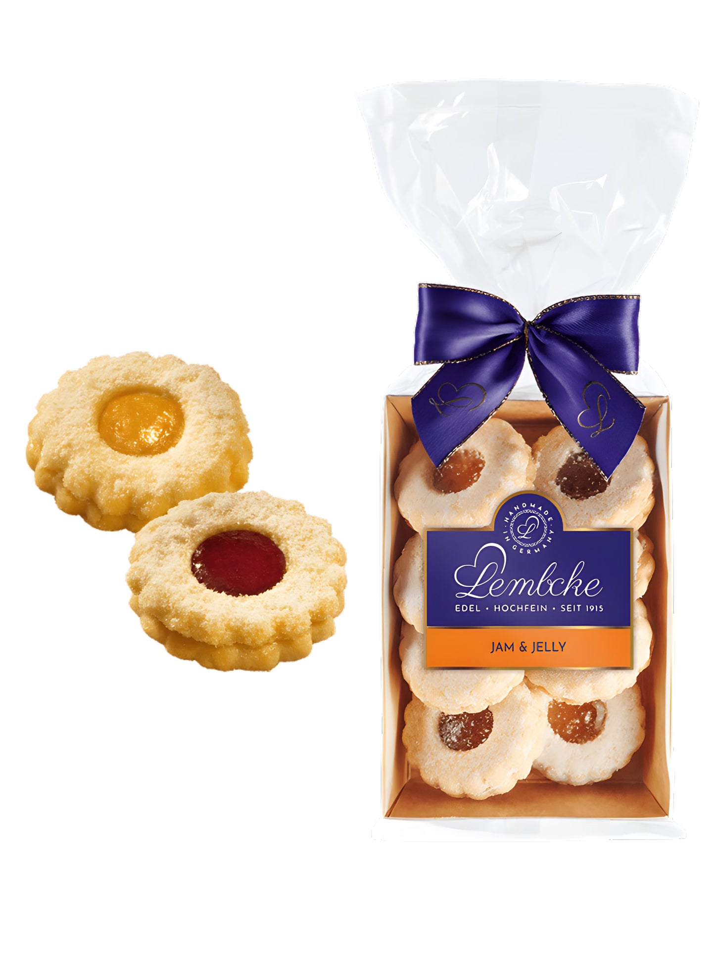 Lembcke Jam & Jelly 100g Butter-Mürbegebäck mit Aprikosen-Orangenkonfitüre und Johannisbeer-Gelee, feines Gebäck in Geschenkverpackung, erhältlich in der Dreyer Confiserie in Hameln.