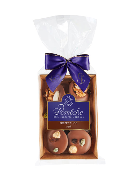 Lembcke Preppy Choc Milk bzw. Studentenflikken – Nuss-Frucht-Melange auf Vollmilch-Schokolade erhältlich in der Dreyer Confiserie in Hameln.