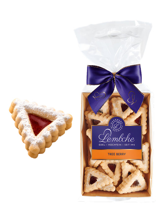 Lembcke Tree Berry 100g Butter-Mürbegebäck mit fruchtiger Himbeer-Johannisbeerfüllung, feines Patisserie-Gebäck in Geschenkverpackung, erhältlich in der Dreyer Confiserie in Hameln.