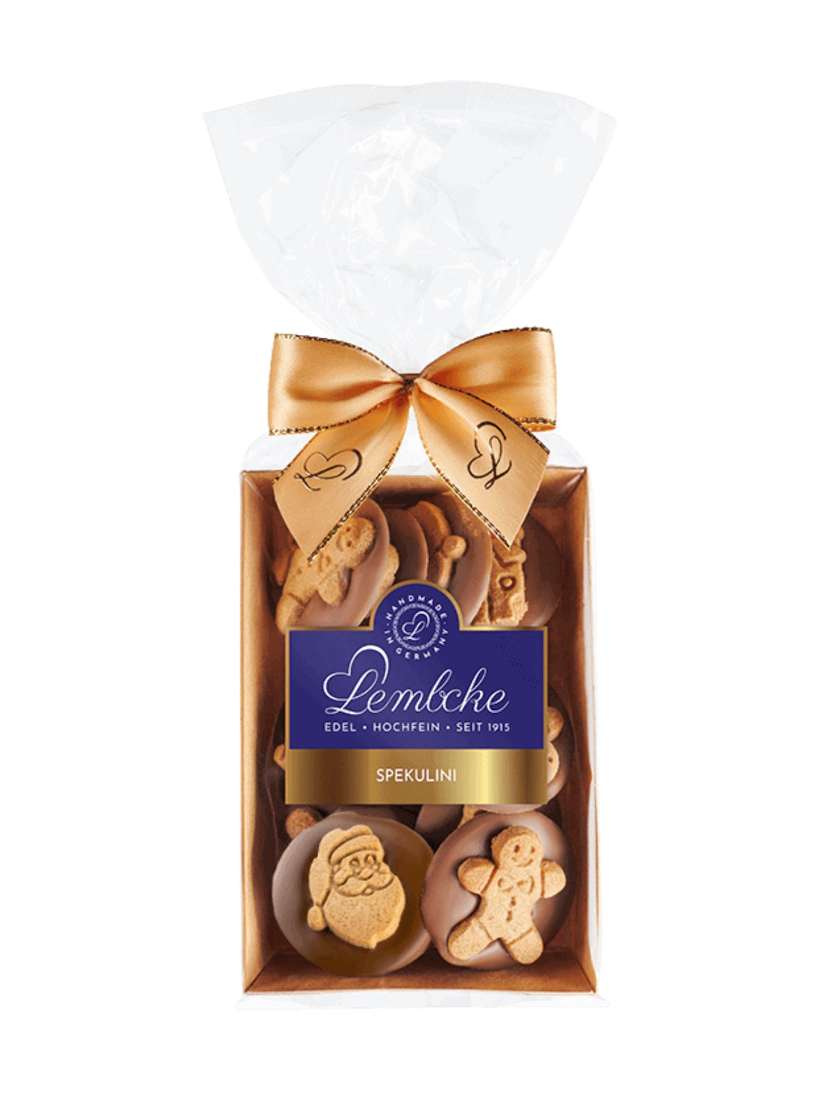 Lembcke Spekulini Vollmilch 100g – feiner Gewürzspekulatius auf Vollmilchschokolade in weihnachtlichen Motiven.