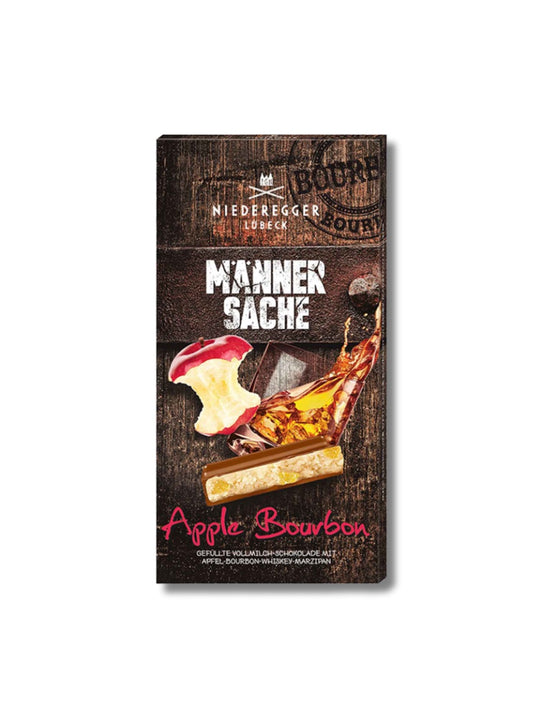 Niederegger Marzipan Tafel Apple Bourbon Männersache 110 g – gefüllte Vollmilchschokolade mit Apfel-Bourbon-Marzipan, erhältlich bei Dreyer Confiserie Hameln.