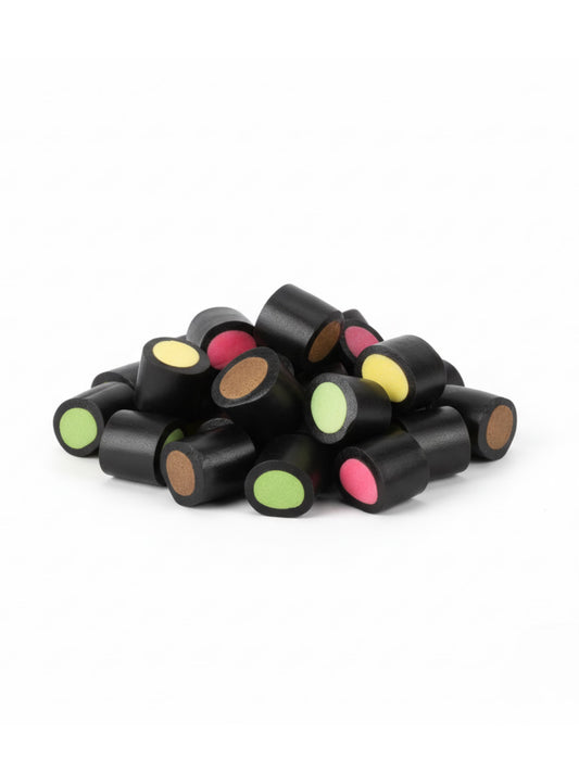 Makulaku gefüllte Lakritzstücke Mix 200g. Bunte Mischung gefüllter Lakritzstücke aus Finnland in den Sorten Erdbeer, Apfel, Zitrone und Schokolade, erhältlich in der Dreyer Confiserie in der Rattenfängerstadt Hameln.