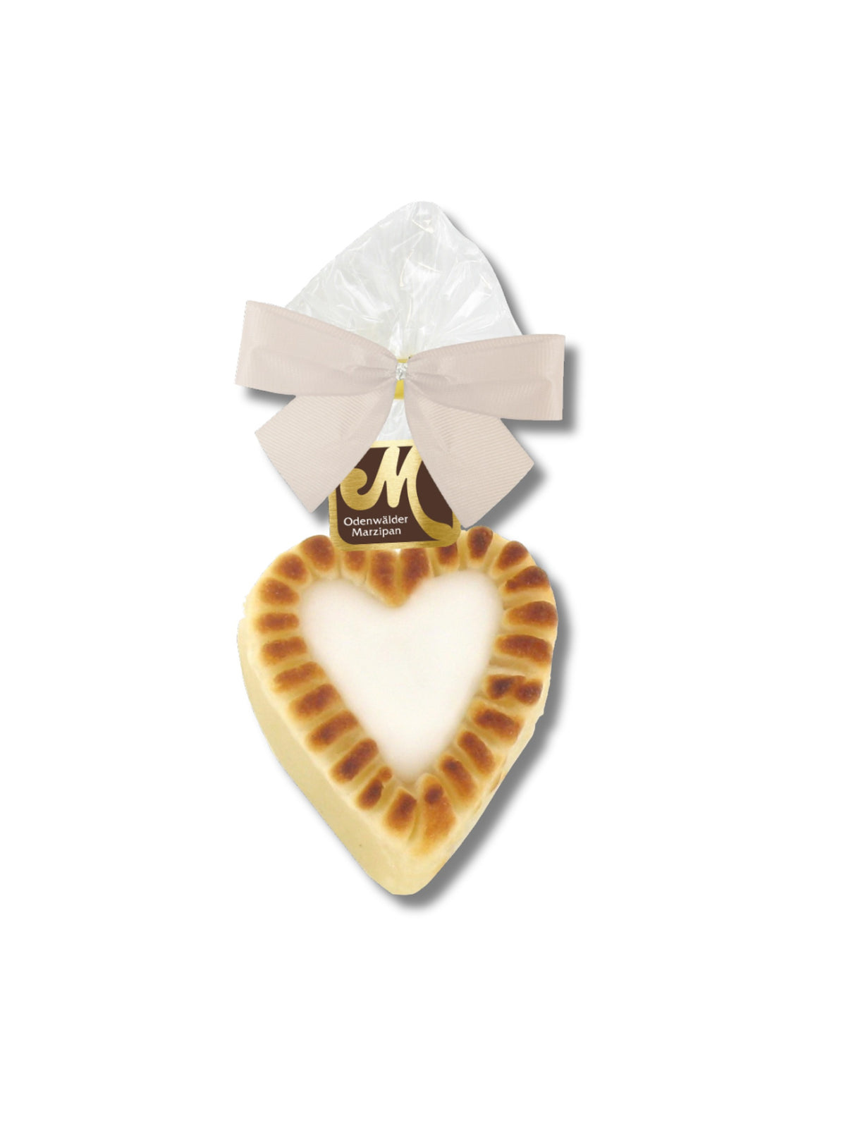 Geflämmtes Marzipan-Herz mit weißem Fondant, 30 g, handgefertigt von der Odenwälder Marzipan Konditorei – erhältlich in der Dreyer Confiserie in Hameln und online.