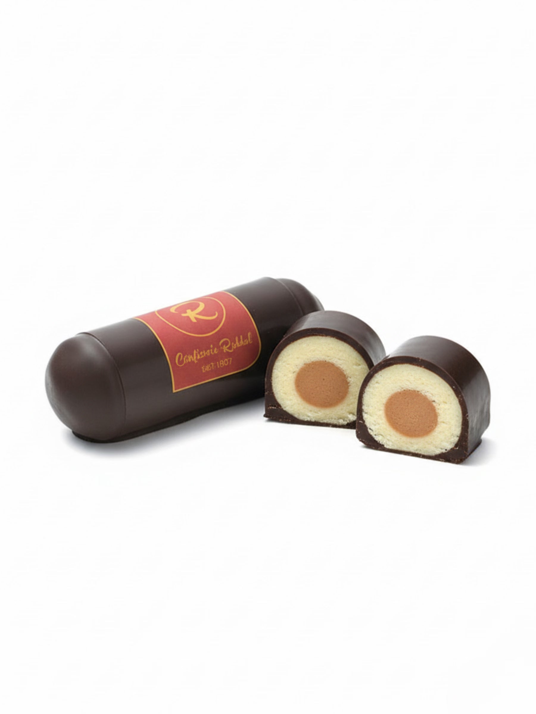Marzipan/Nougat Röllchen 30 g – regionale Spezialität „Tecklenburger Röllchen“ mit Marzipan, Haselnuss-Nougat und belgischer Zartbitterschokolade, handgefertigt von der Confiserie Rabbel, erhältlich in der Dreyer Confiserie in der Rattenfängerstadt Hameln.