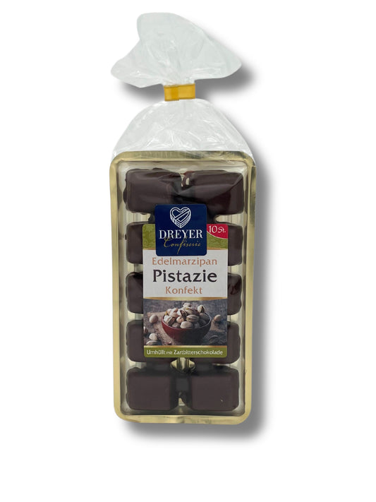 Handgefertigtes Pistazien-Marzipan-Konfekt von Odenwälder – erhältlich bei Dreyer Confiserie.