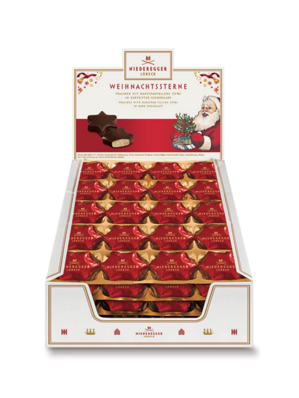 Niederegger Marzipan Stern 12,5 g – festliche Marzipan-Praline in Sternform mit Zartbitterschokolade, erhältlich bei Dreyer Confiserie Hameln.
