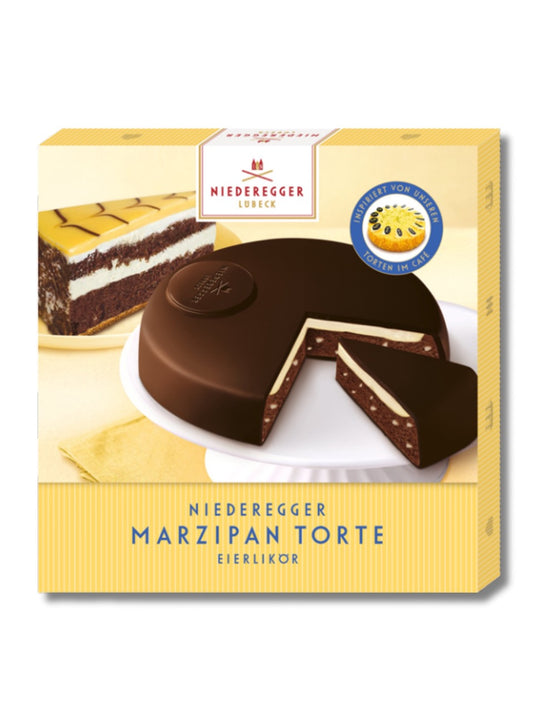 Niederegger Marzipan Torte Eierlikör 185 g – Kakao-Marzipan mit weißer Schokolade und cremiger Eierlikörfüllung in Zartbitterschokolade, erhältlich bei Dreyer Confiserie Hameln.
