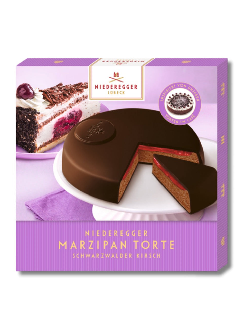 Niederegger Marzipan Torte Schwarzwälder Kirsche 185 g – feines Kakao-Marzipan mit Kirschfüllung und Zartbitterschokolade, erhältlich bei Dreyer Confiserie Hameln.