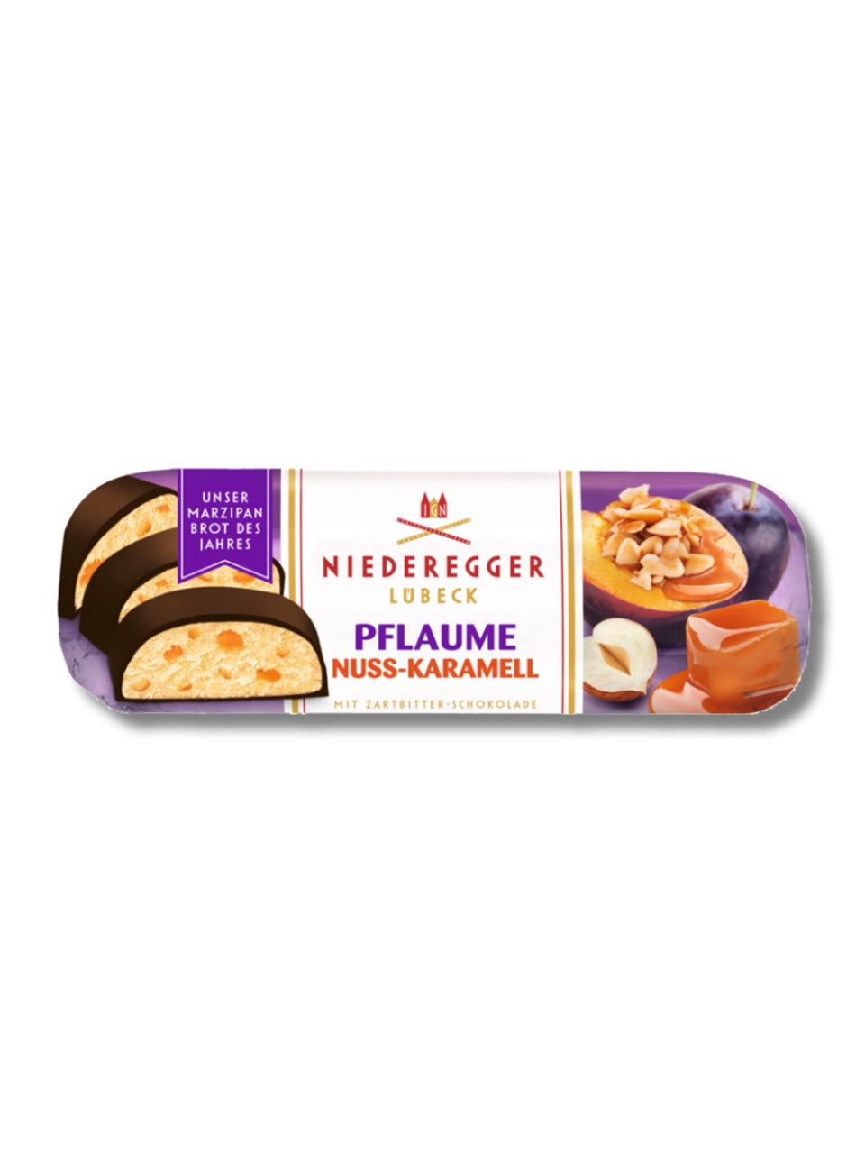 Niederegger Brot des Jahres 2025 Pflaume-Nuss-Karamell 125 g – Marzipanbrot mit Haselnüssen, Karamell und Pflaume in Zartbitterschokolade, erhältlich bei Dreyer Confiserie Hameln.