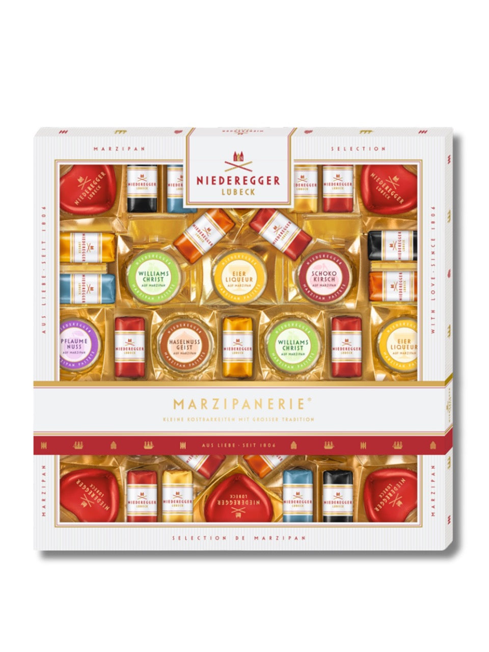 Niederegger Marzipanerie 502 g – exklusive Geschenkbox mit 39 Marzipanspezialitäten, erhältlich bei Dreyer Confiserie Hameln.