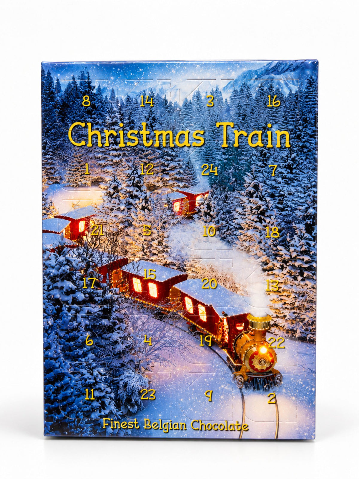 Mini-Adventskalender Christmas Train mit 17g Milchschokolade und Weihnachtszug im verschneiten Winterwald
