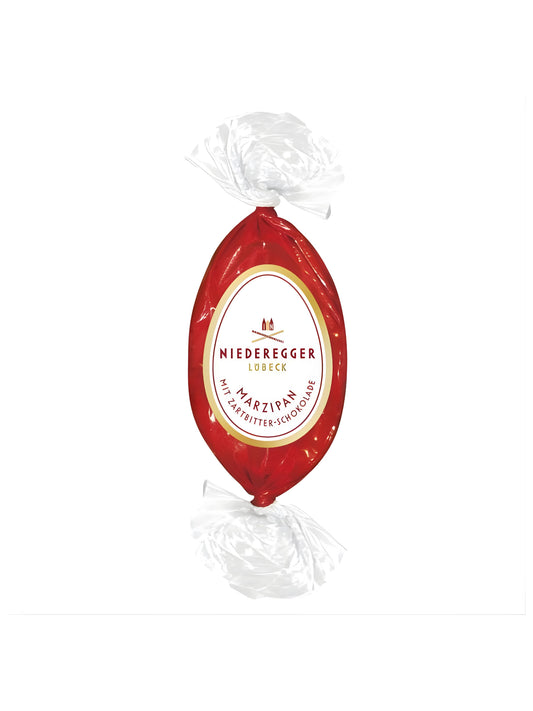 Niederegger Marzipan Osterei 48g aus feinem Marzipan mit Zartbitter-Schokolade, kleine klassische Oster-Spezialität, erhältlich in der Dreyer Confiserie in der Rattenfängerstadt Hameln.