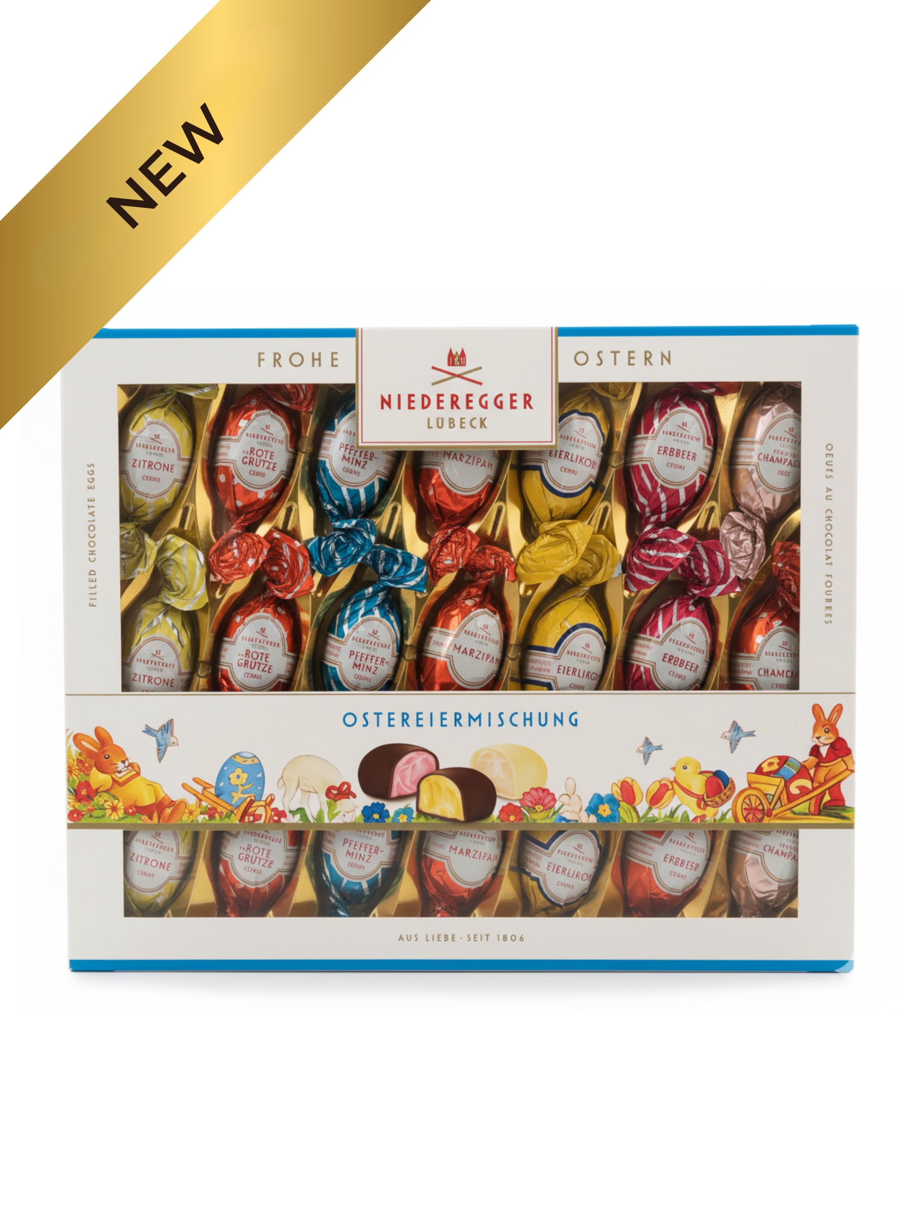 Feine Niederegger Ostereiermischung mit Marzipan, Creme- und Likörfüllungen. 262g Geschenkpackung für Ostern bei Dreyer Confiserie.