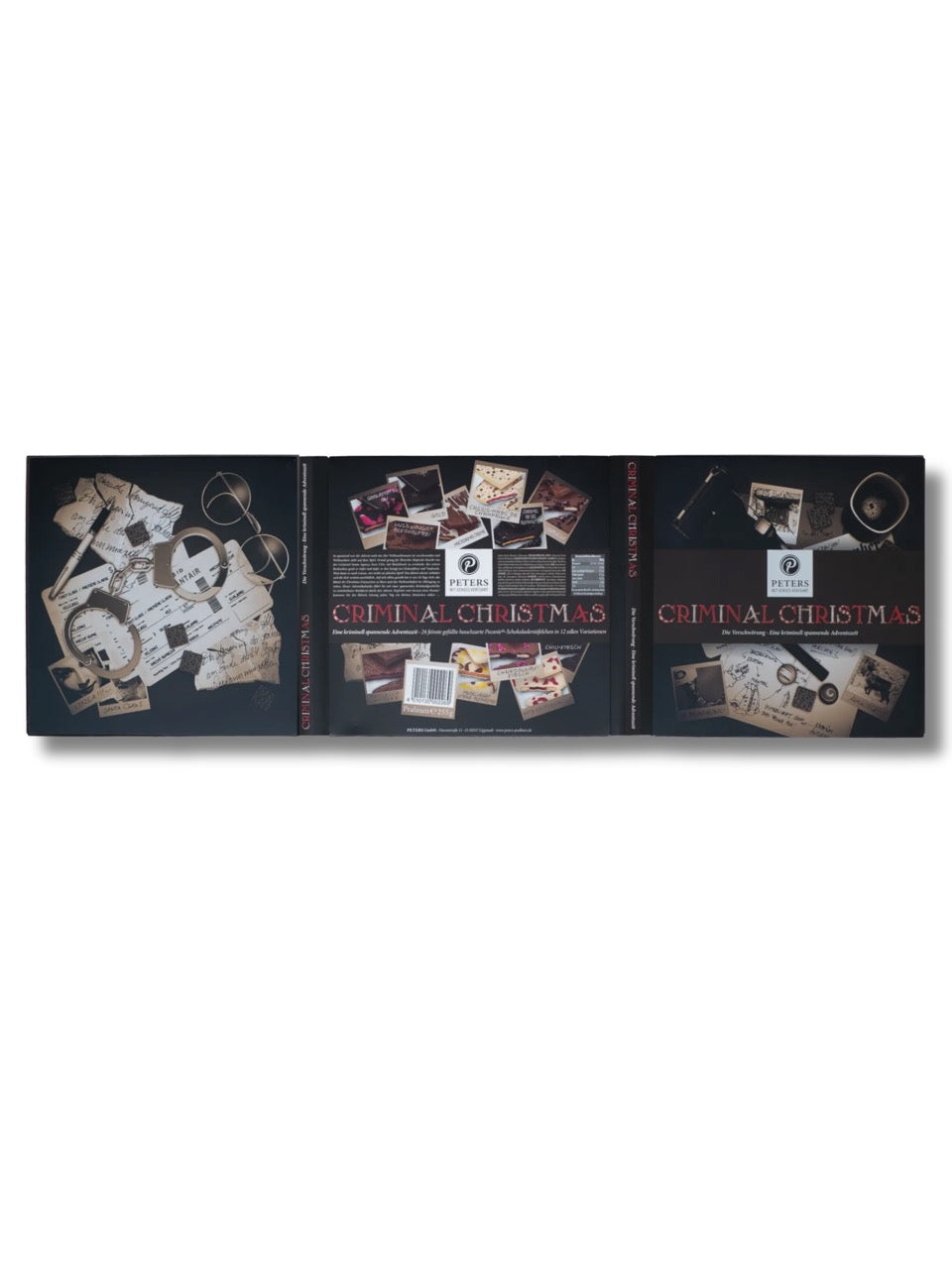 Rückseite des PETERS Criminal Christmas Adventskalenders Die Verschwörung 255 g mit Zutaten, Nährwertangaben und Sortenübersicht.