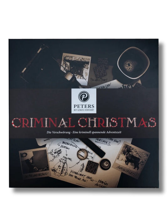 Vorderseite des PETERS Criminal Christmas Adventskalenders Die Verschwörung 255 g mit spannender Kriminalgeschichte und 24 Trüffeltäfelchen