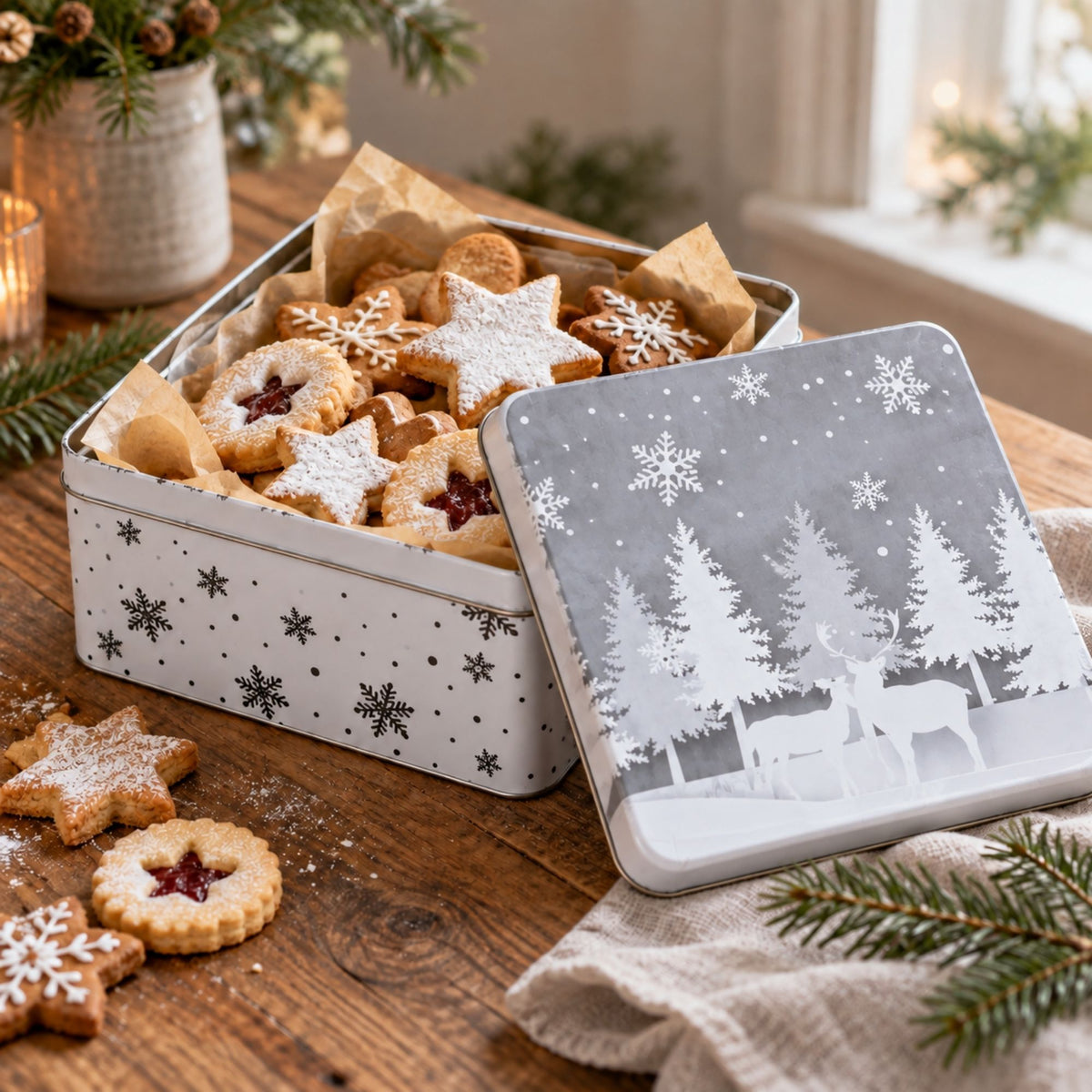 Weihnachtliche Metalldose mit Winterwald-Motiv, gefüllt mit selbstgebackenen Plätzchen