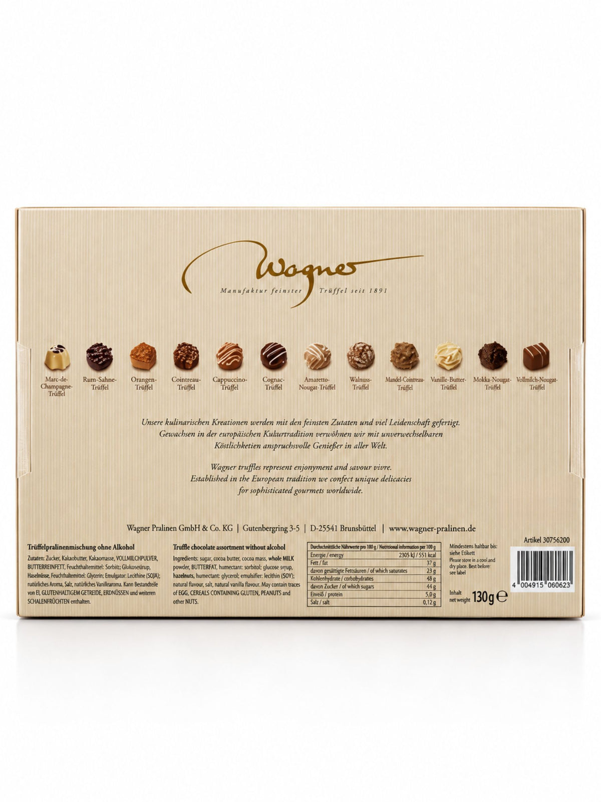 Rückseite des alkoholfreien Pralinen Adventskalenders Weihnachtsmann 130g von Wagner Pralinen mit Mini-Trüffelsorten, Zutaten, Allergenen und Nährwertangaben