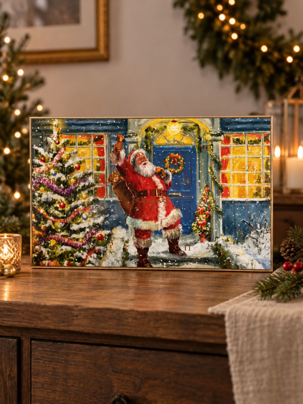 alkoholfreien Pralinen Adventskalenders Weihnachtsmann 130g von Wagner Pralinen in weihnachtlichem Wohnzimmer 