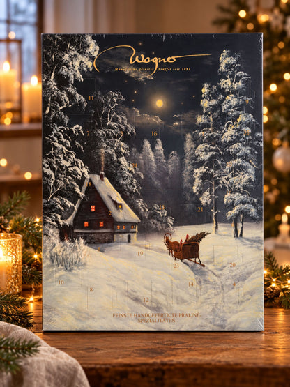  Pralinen Adventskalenders Winterlandschaft 315g von Wagner Pralinen in weihnachtlich geschmücktem Wohnzimmer