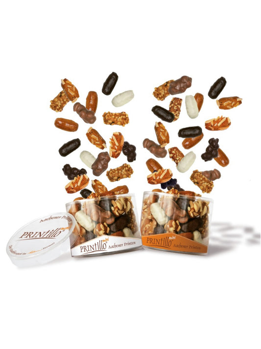 PRINtillo® Mini Mischung 200 g – feine Mini-Aachener Printen mit weißer Schokolade, Haselnüssen und Mandeln in zweifarbiger Dose