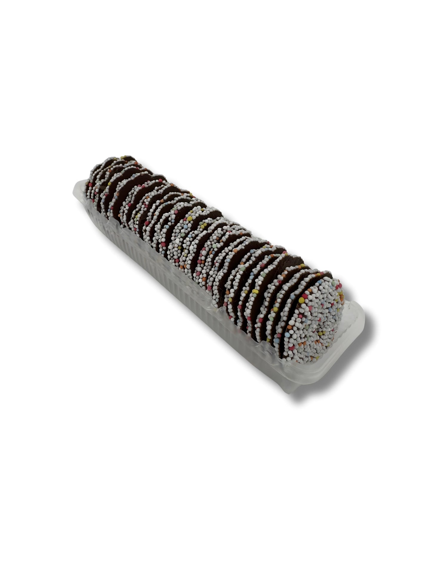 Produktbild von 
Schokokränze mit Nonpareille 200 g – klassische Schokoladenringe mit bunten Zuckerperlen, handverpackt von der Dreyer Confiserie in der Rattenfängerstadt Hameln.