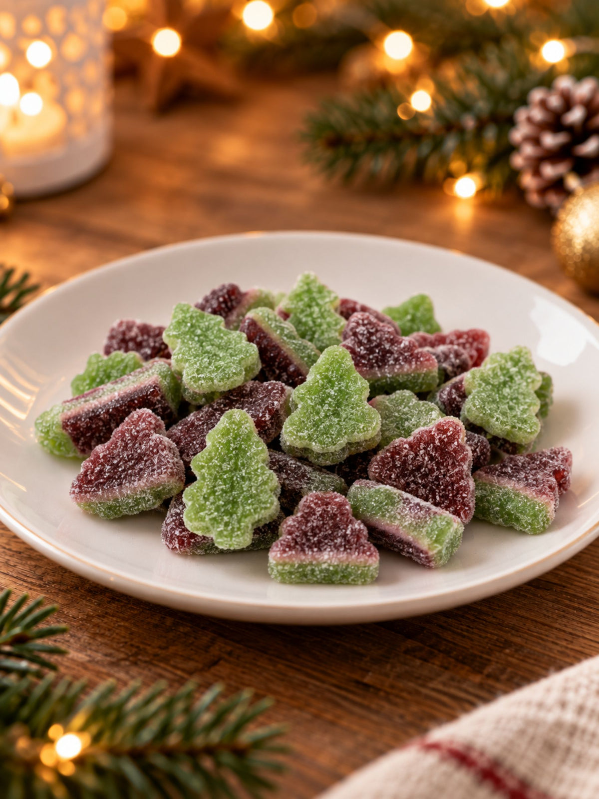 Weihnachts-Schaumzucker 150g von der Dreyer Confiserie auf Teller auf weihnachtlich geschmücktem Tisch