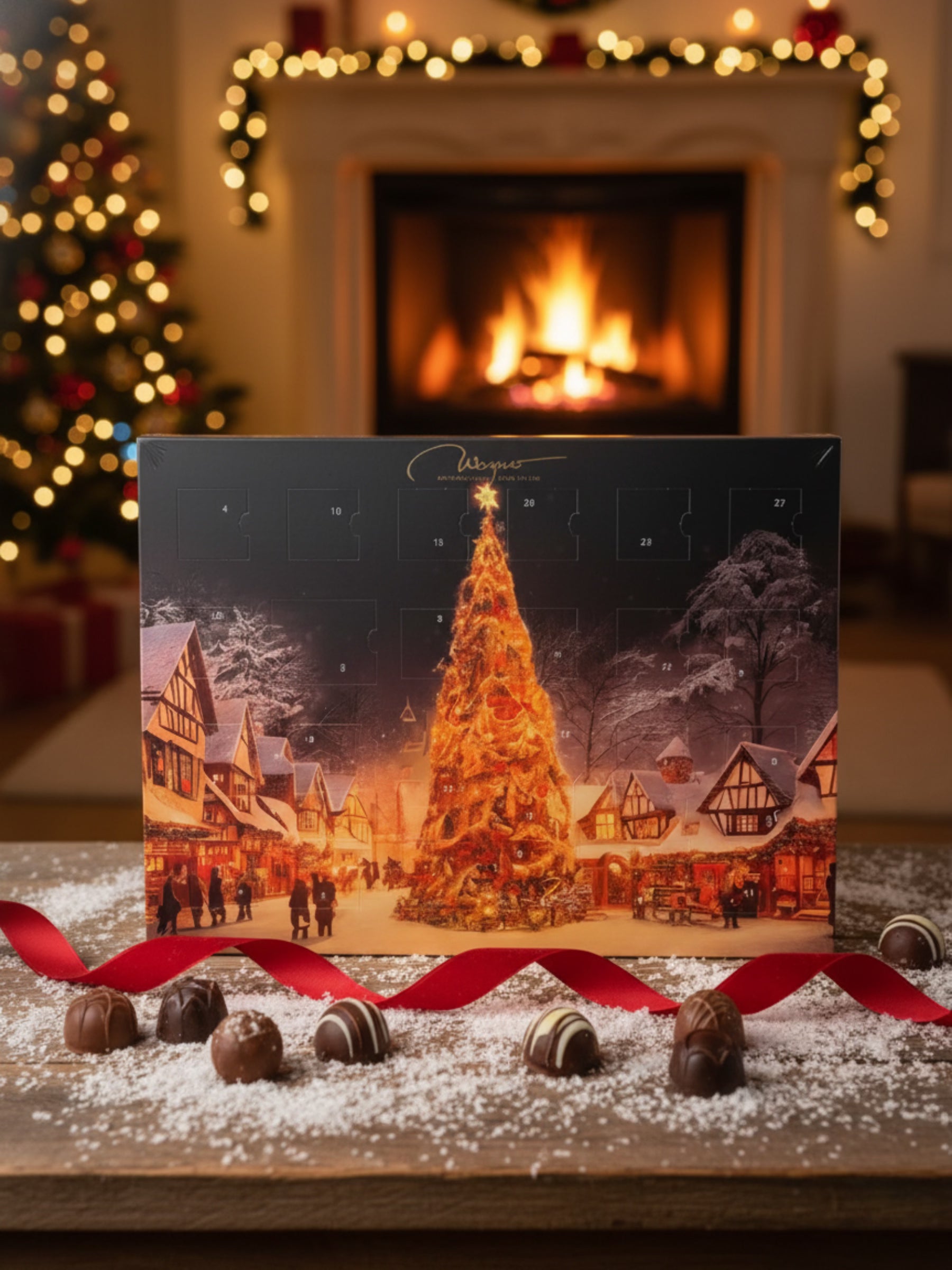 Produktfoto von Wagner Pralinen Adventskalender „Weihnachtsmarkt“ 235 g – edler Adventskalender mit 24 handgefertigten Pralinen und Trüffeln ohne Alkohol, erhältlich in der Dreyer Confiserie in der Rattenfängerstadt Hameln.