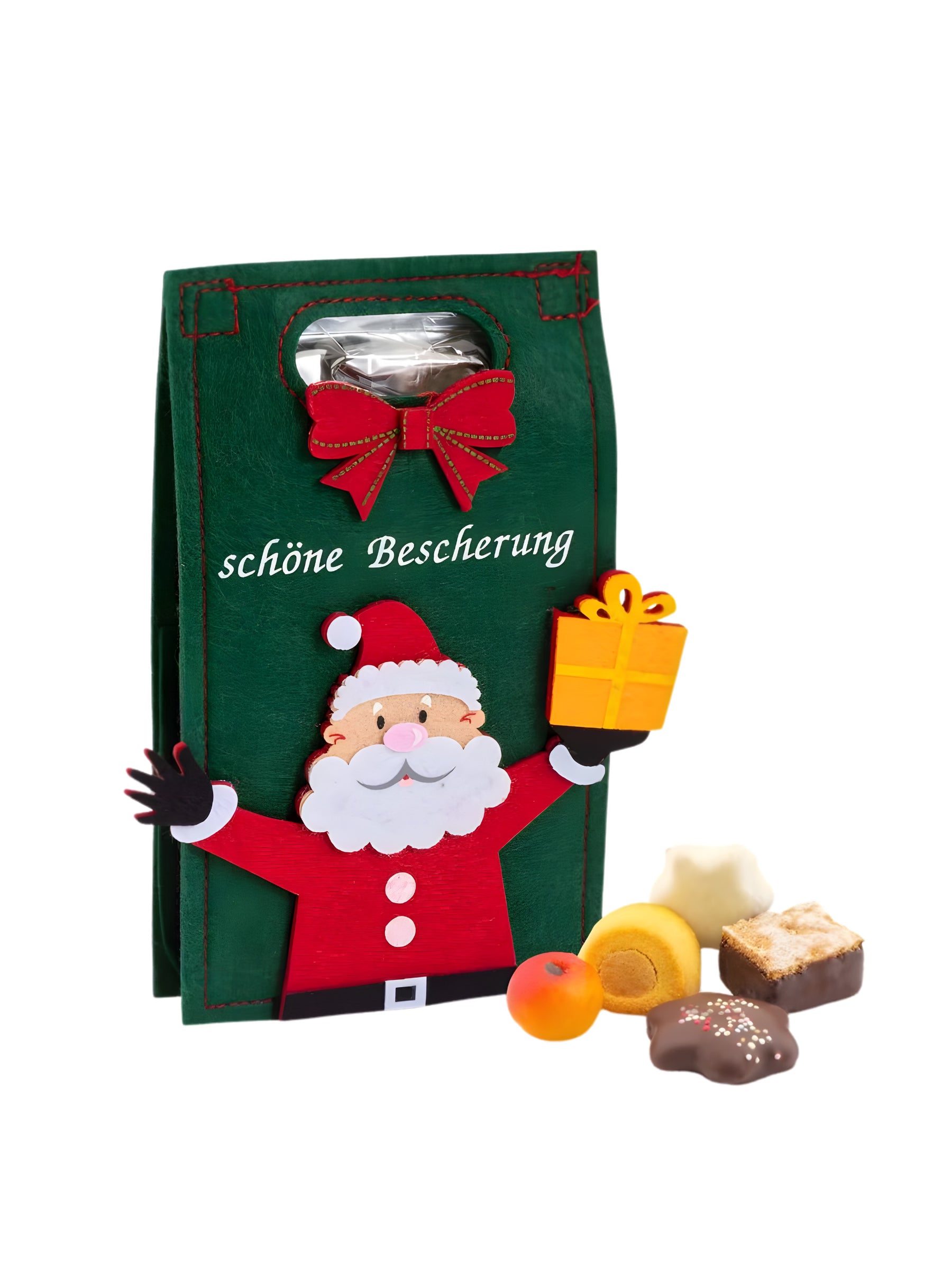 Filztasche „Schöne Bescherung“ 125 g – adventliche Gebäck-Pralinen-Mischung in grüner Filztasche mit roter Stickerei, handgefertigt von der Confiserie Rabbel, erhältlich in der Dreyer Confiserie in der Rattenfängerstadt Hameln.