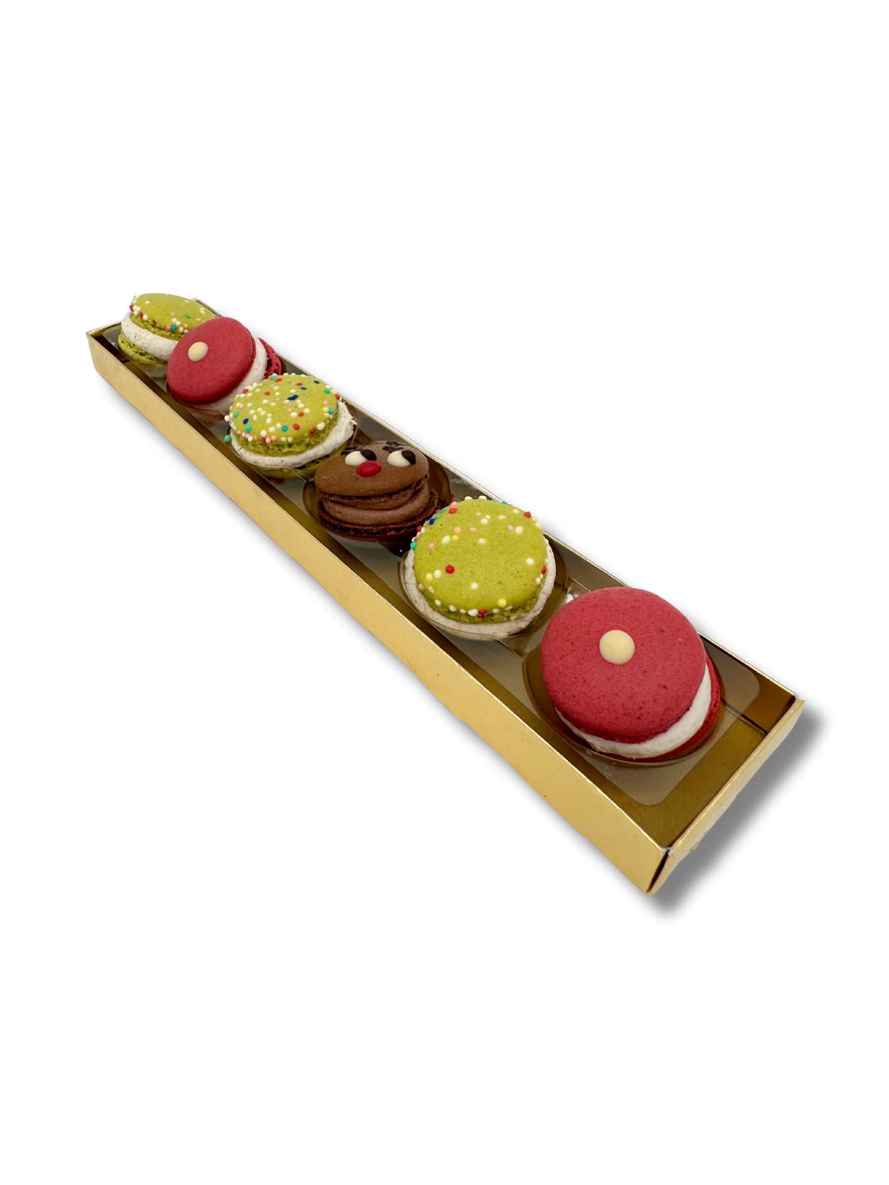 Macarons weihnachtlich 6er Stange 60 g – feines Mandelgebäck mit zarter Cremefüllung, handgefertigt von der Confiserie Rabbel, erhältlich in der Dreyer Confiserie in der Rattenfängerstadt Hameln.