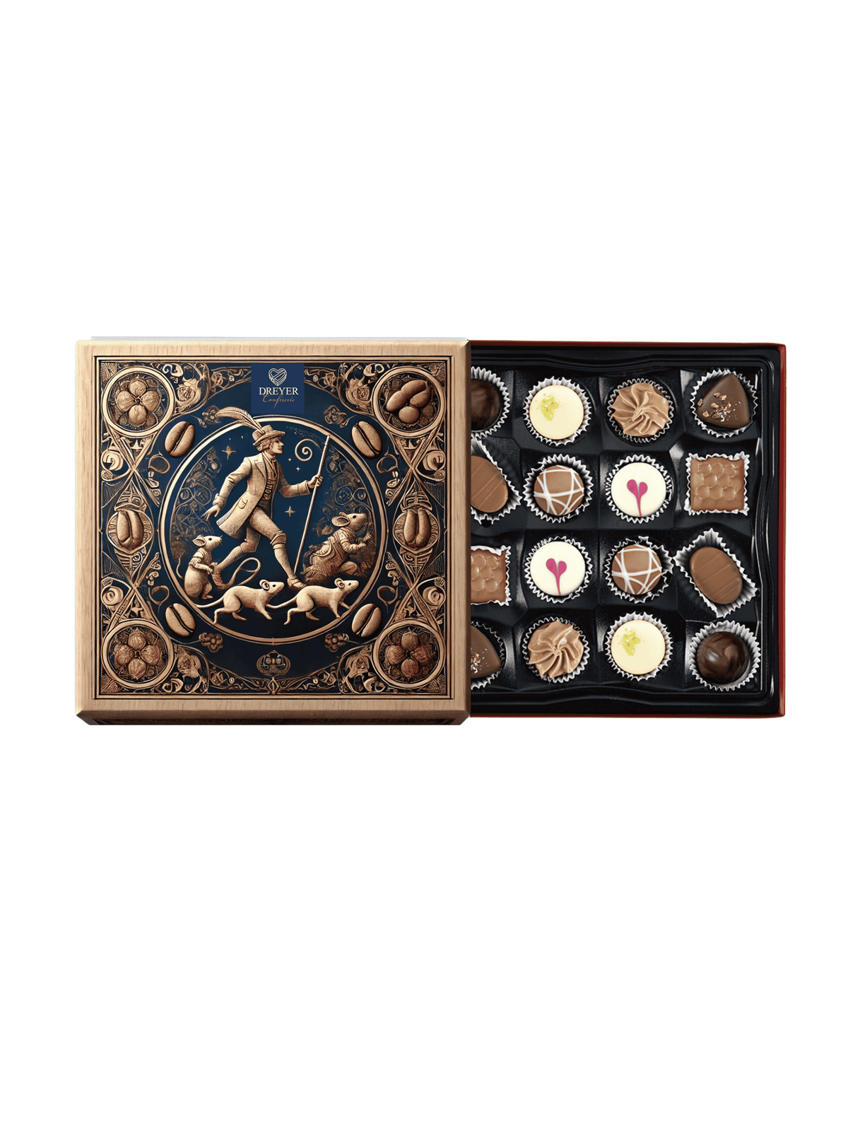 Exklusive Rattenfänger Trüffel- und Pralinenauslese in Geschenkverpackung – alkoholfrei und erhältlich bei der Confiserie Dreyer in Hameln.
