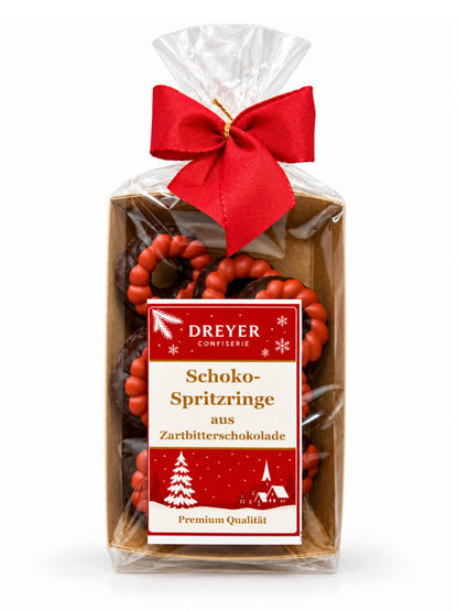 Rote Schoko-Spritzringe aus Zartbitterschokolade 100g von Dreyer Confiserie