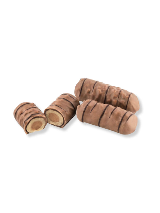Royal-Krokant-Röllchen 30 g – feines Nussgebäck mit Nougatkern, Marzipan und belgischer Vollmilchschokolade, handveredelt von der Confiserie Rabbel, erhältlich in der Dreyer Confiserie in der Rattenfängerstadt Hameln.